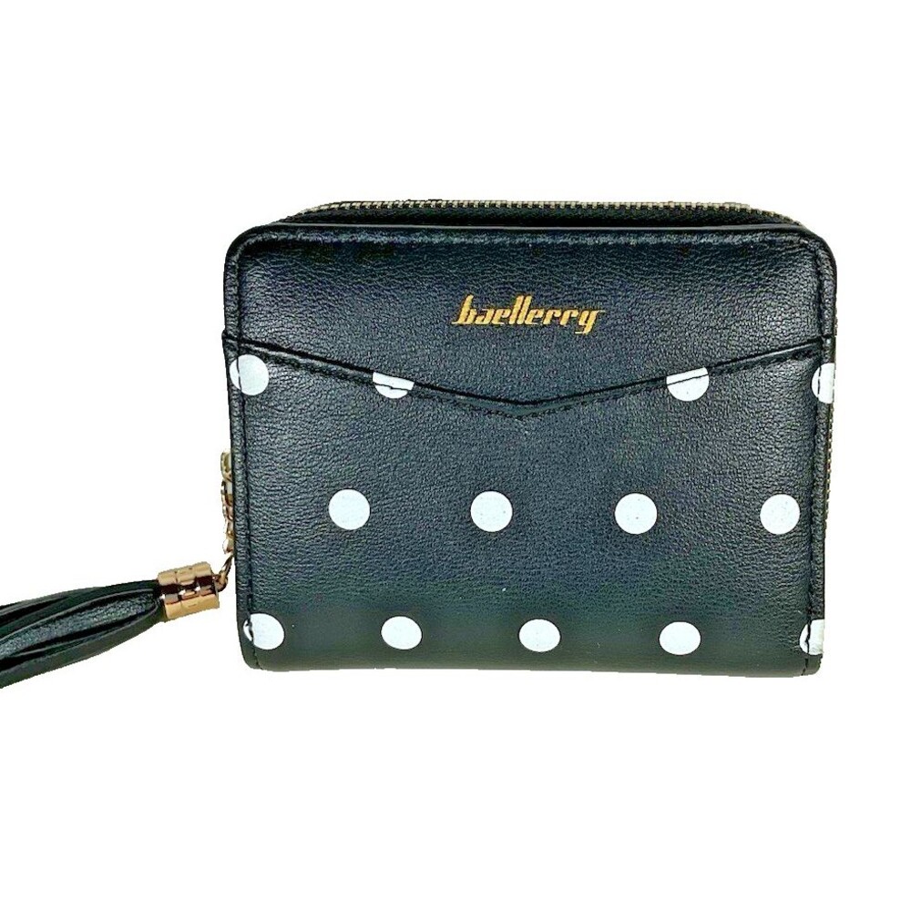 New Leather Wallet Women's Folding ID & Cards Holder Black Dots Purse 4.5" Wide
